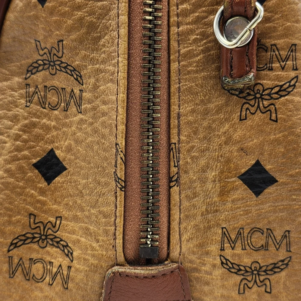 MCM Cognac Brown Monogram Satchel with Gold Hardware